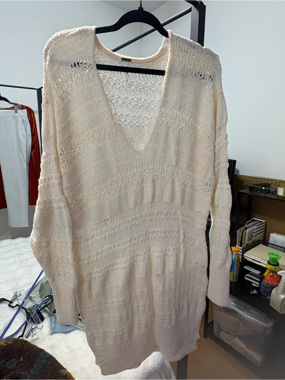 Free People Open Knit V-Neck Longline Sweater - Cream